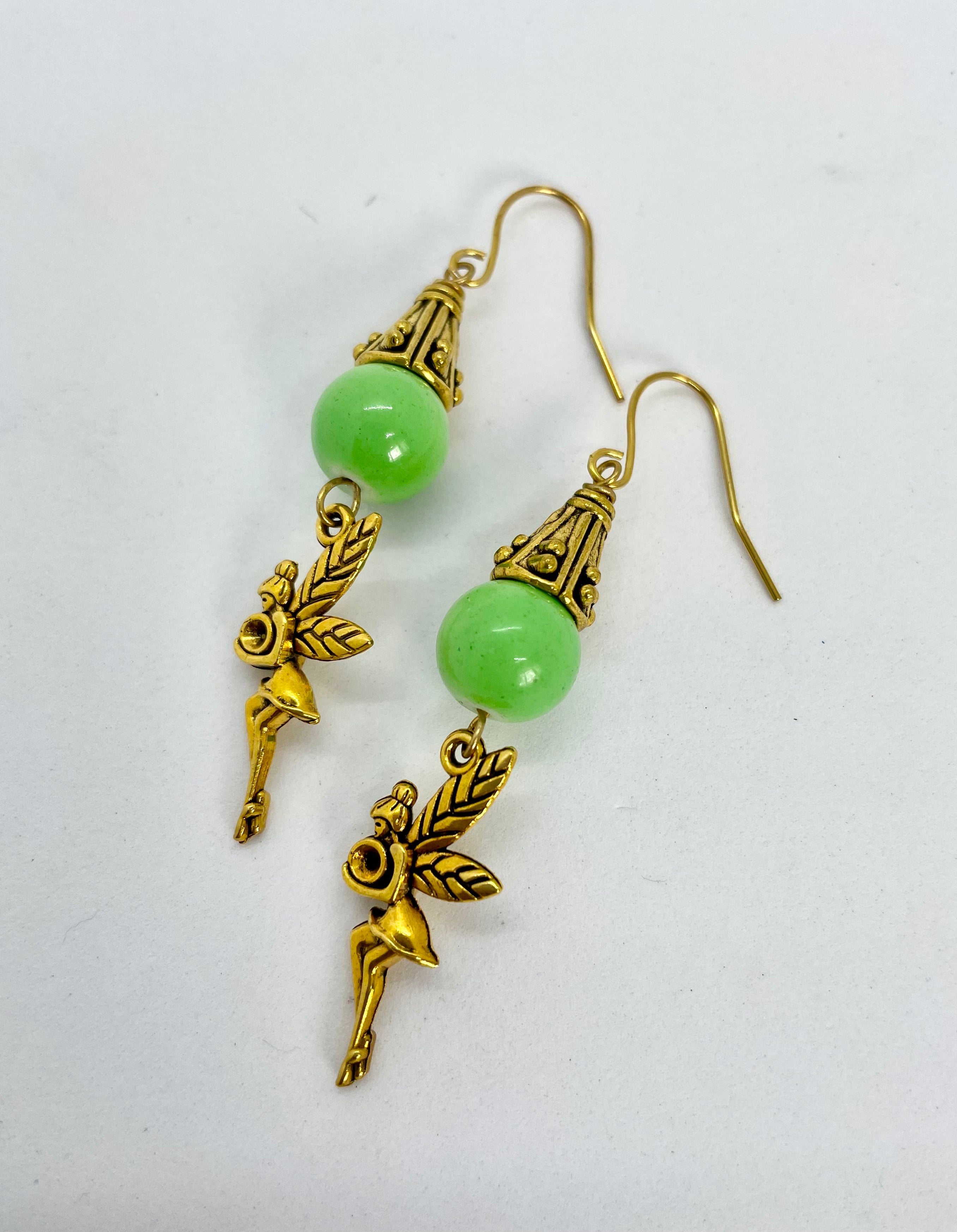 Handmade Green Stone and Gold Fairy Dangle Earrings