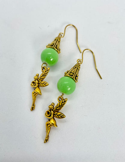 Handmade Green Stone and Gold Fairy Dangle Earrings