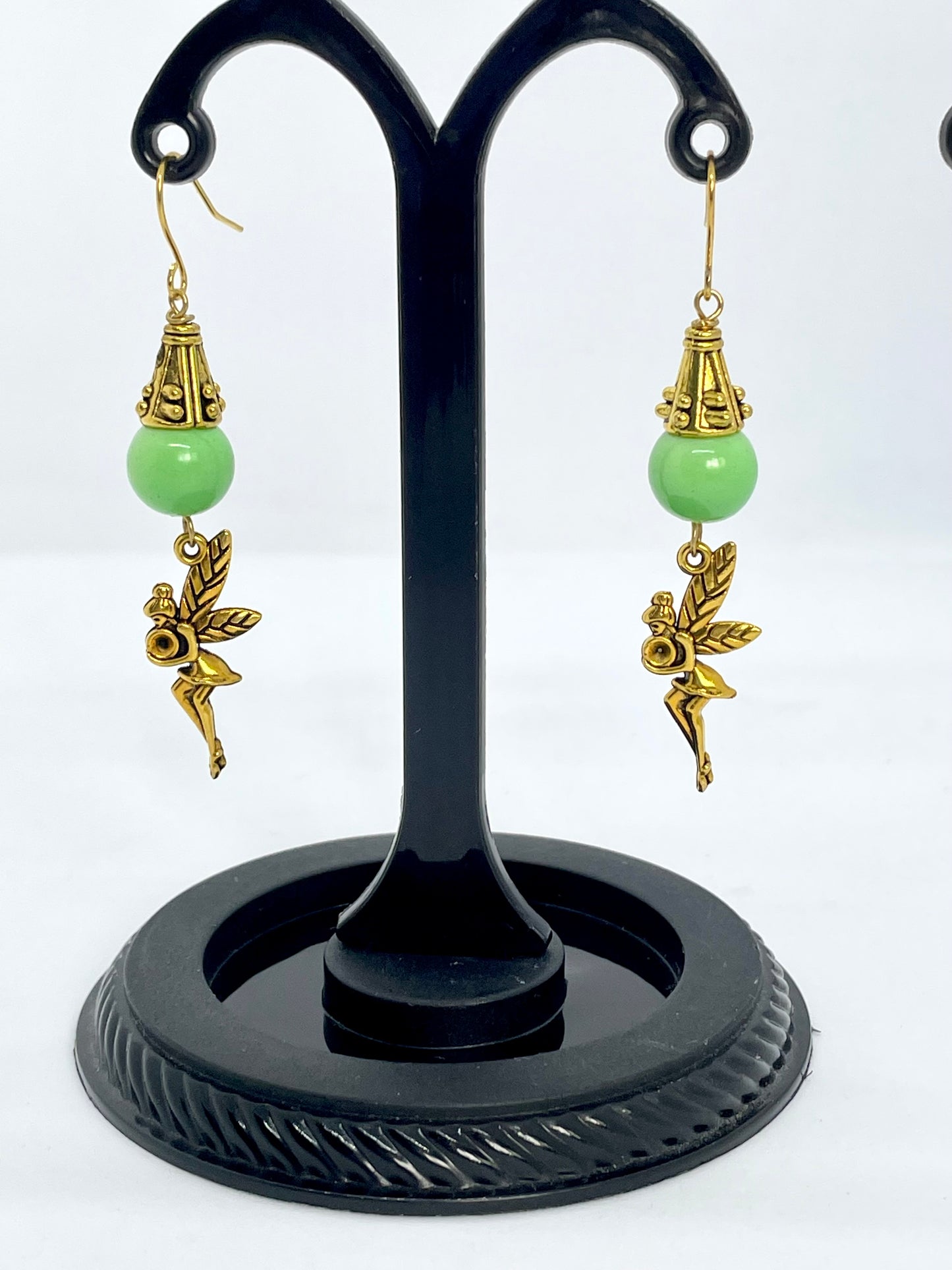 Handmade Green Stone and Gold Fairy Dangle Earrings