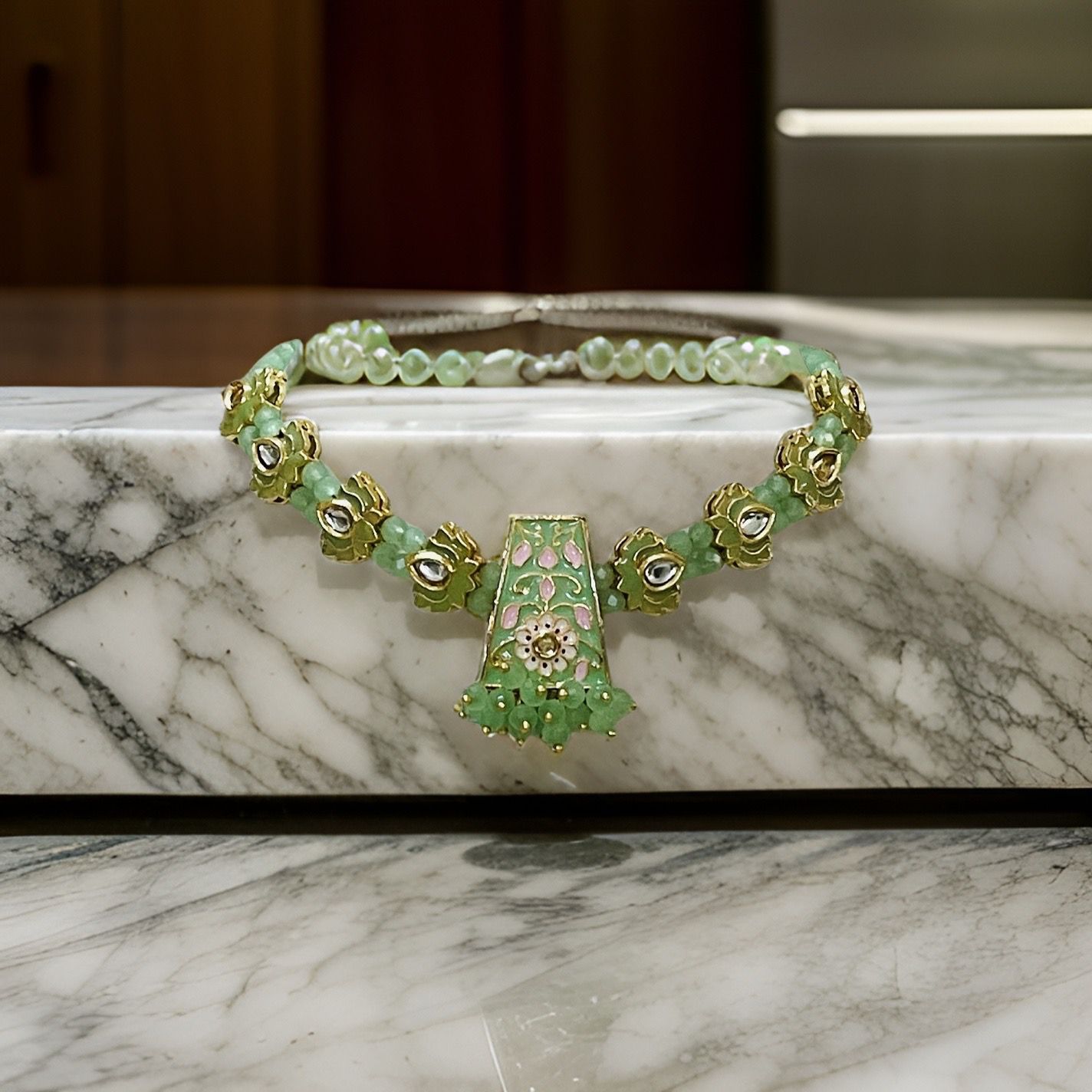 Handmade Pastel Green Kundan Stone Necklace