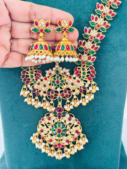 Antique Gold Kemp Stone Haram with Jhumkas