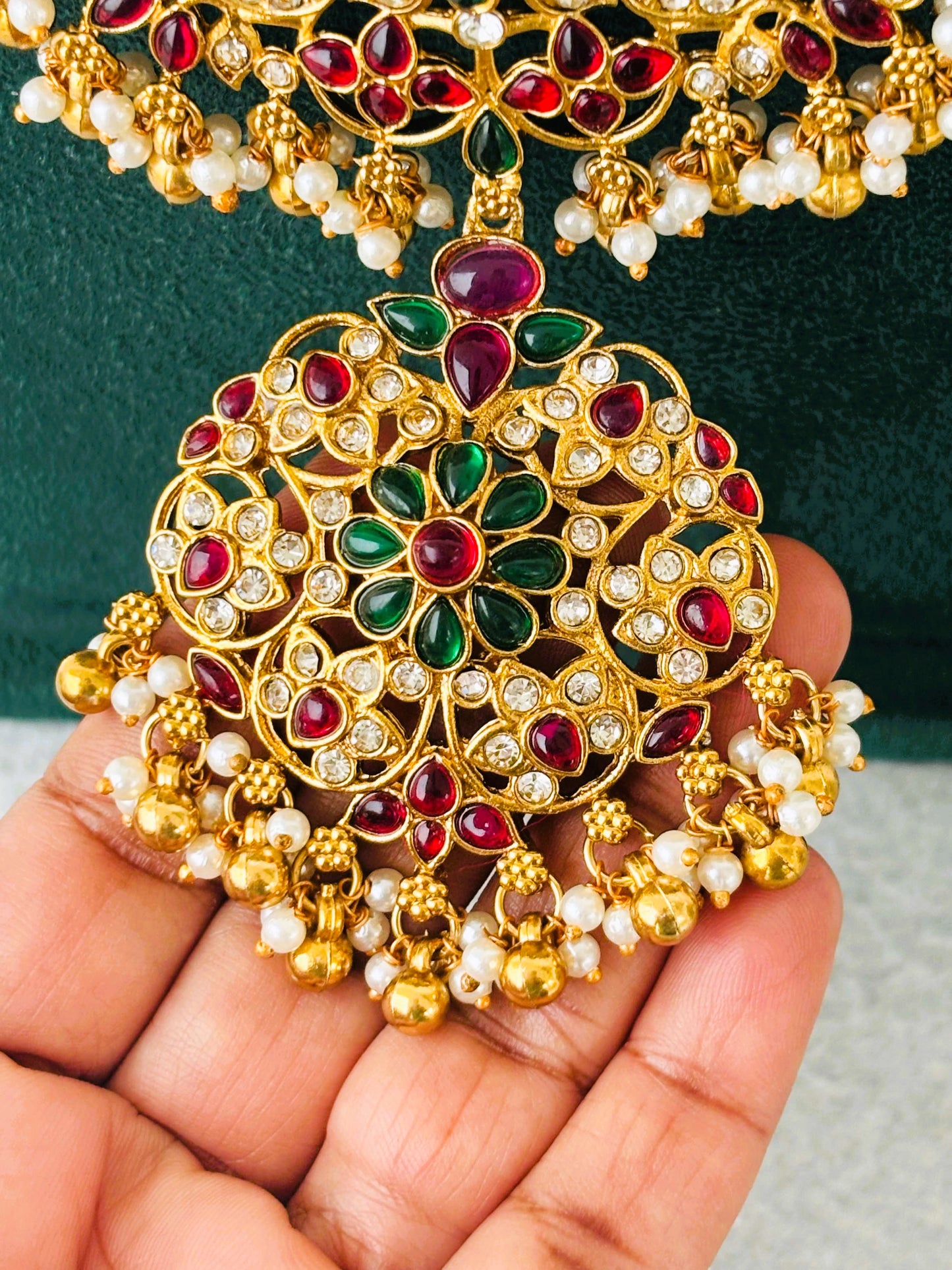 Antique Gold Kemp Stone Haram with Jhumkas