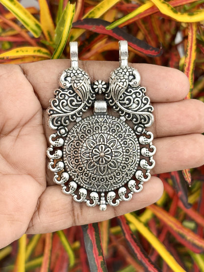 Antique Silver Mandala Pendant with Twin Peacock Design