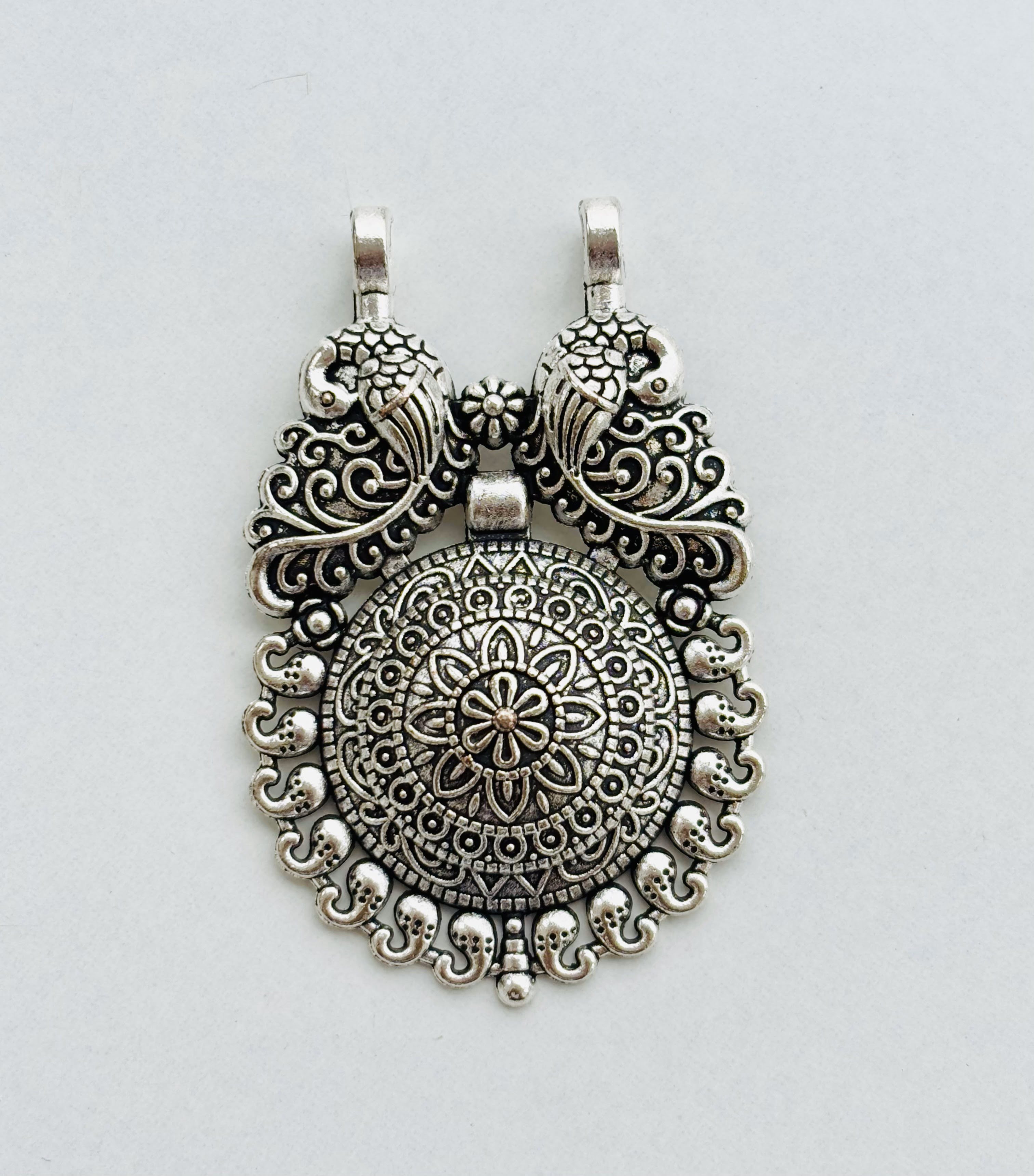 Antique Silver Mandala Pendant with Twin Peacock Design