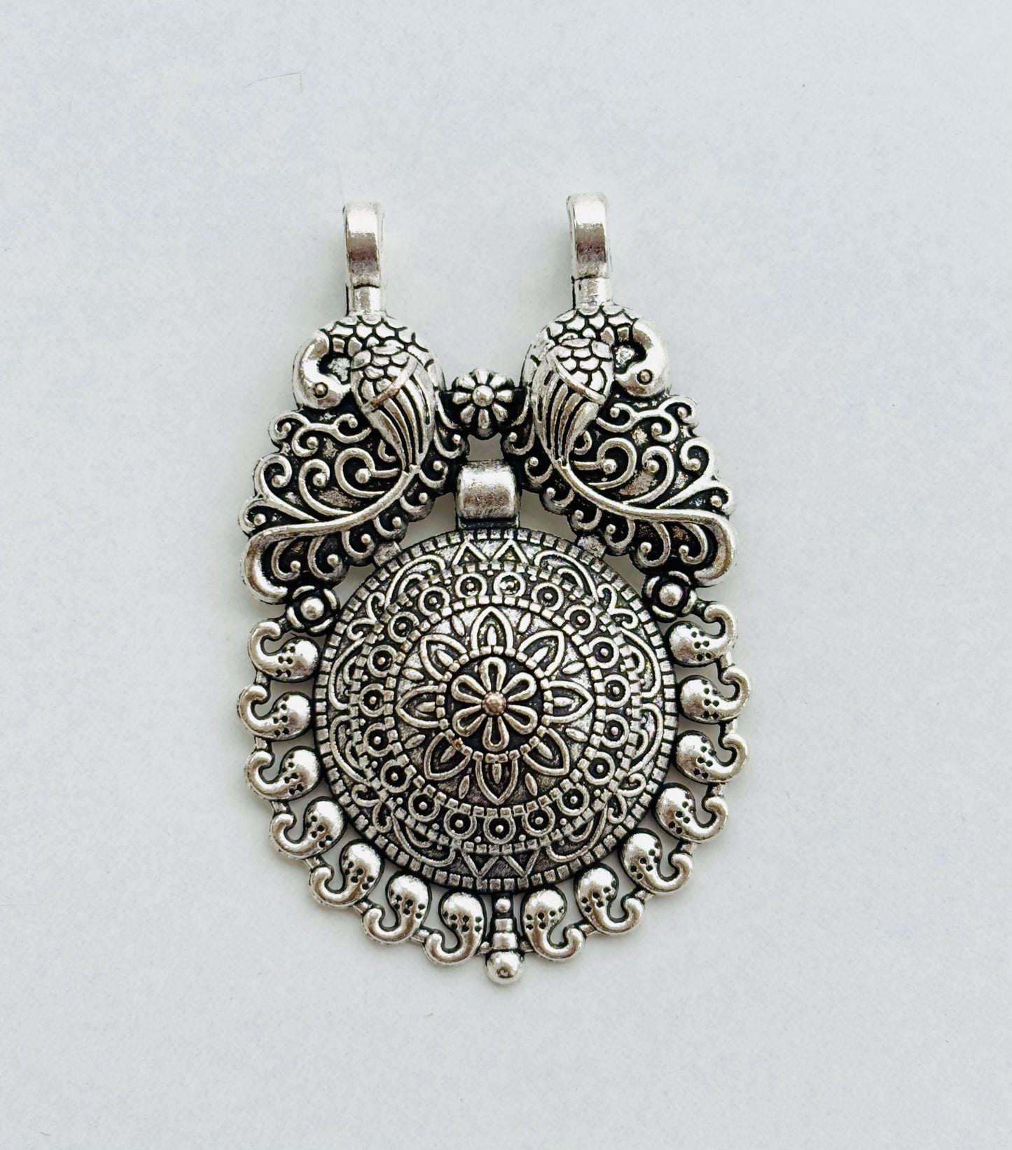 Antique Silver Mandala Pendant with Twin Peacock Design