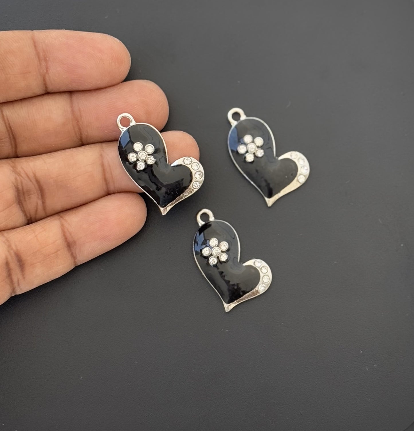 Two Pieces Black Enamel Heart Charms