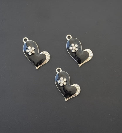 Two Pieces Black Enamel Heart Charms