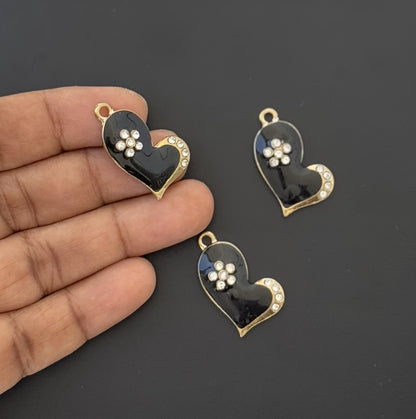 Two Pieces Black Enamel Heart Charms with Gold Edge