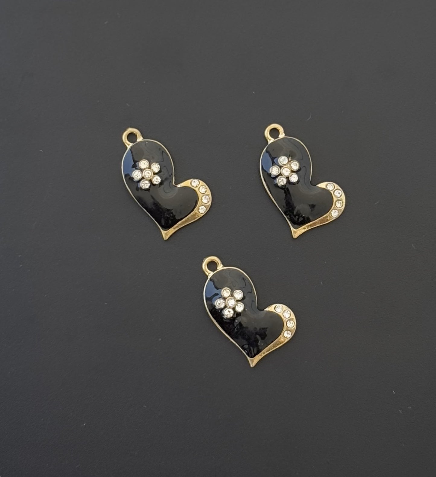 Two Pieces Black Enamel Heart Charms with Gold Edge