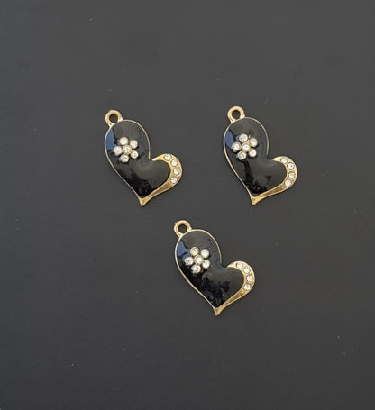 Two Pieces Black Enamel Heart Charms with Gold Edge