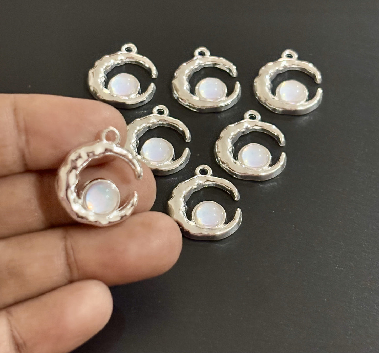 Two Pieces White Crescent Moon Charms with Iridescent Center