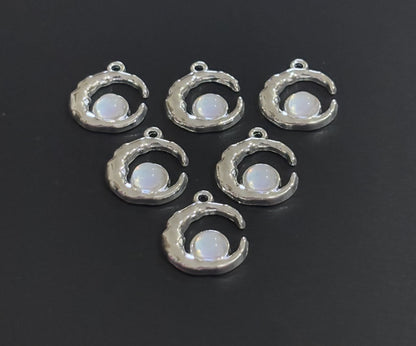 Two Pieces White Crescent Moon Charms with Iridescent Center