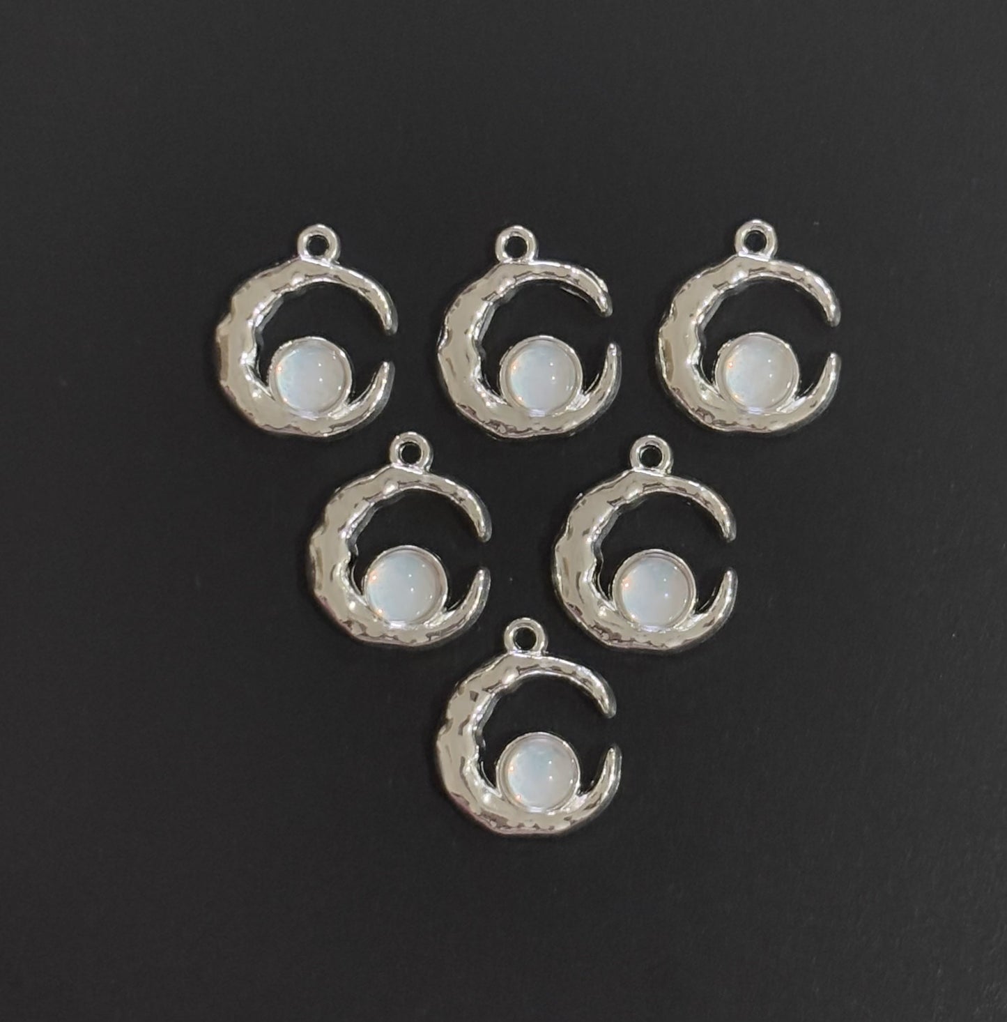 Two Pieces White Crescent Moon Charms with Iridescent Center