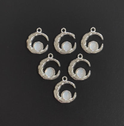 Two Pieces White Crescent Moon Charms with Iridescent Center