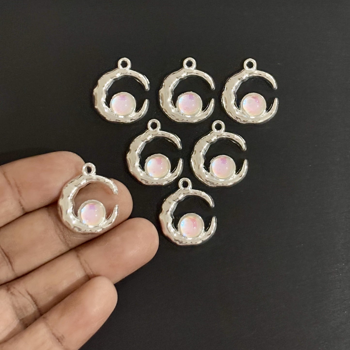 Two Pieces Dull Pink Crescent Moon Charms with Iridescent Center