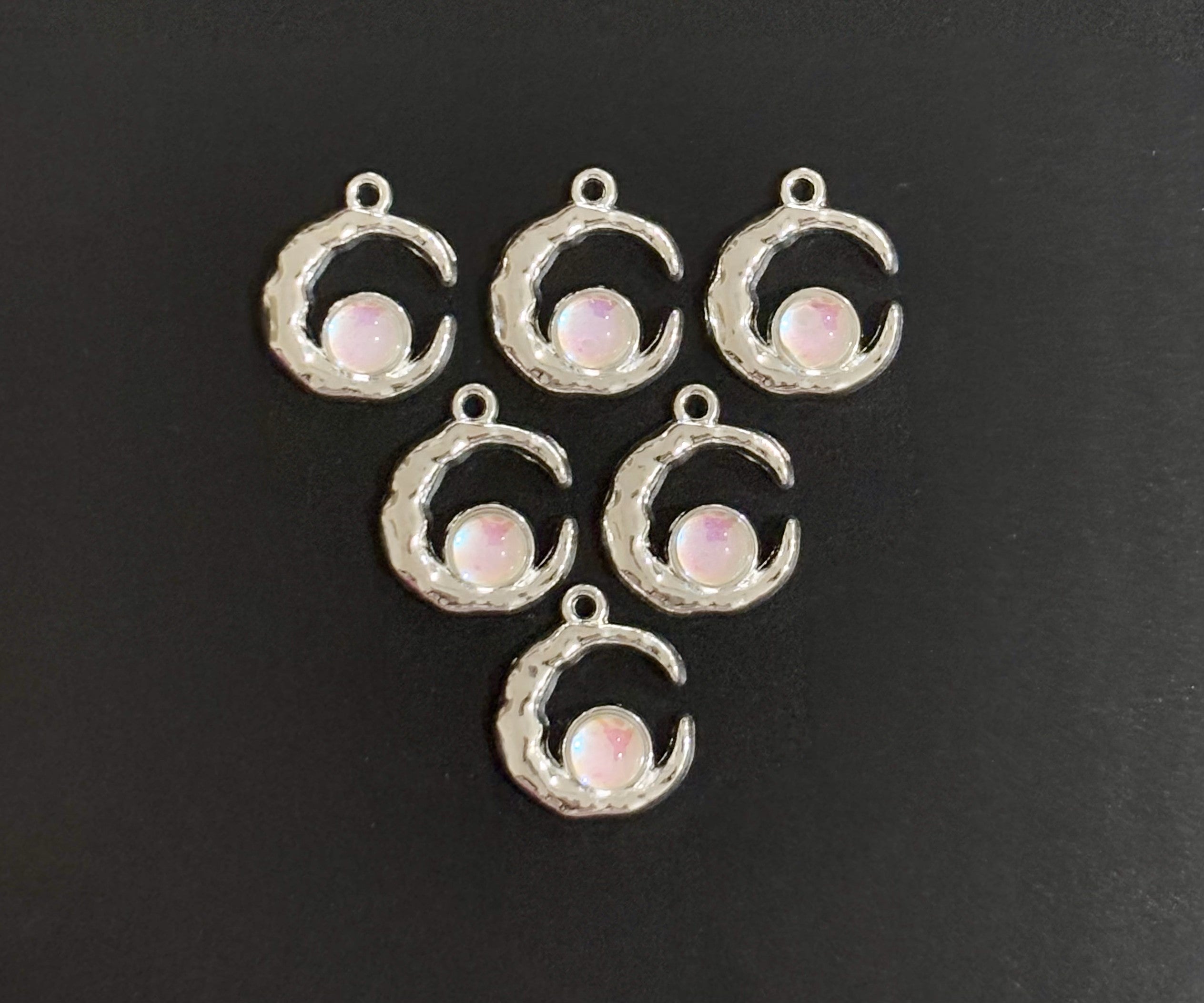Two Pieces Dull Pink Crescent Moon Charms with Iridescent Center