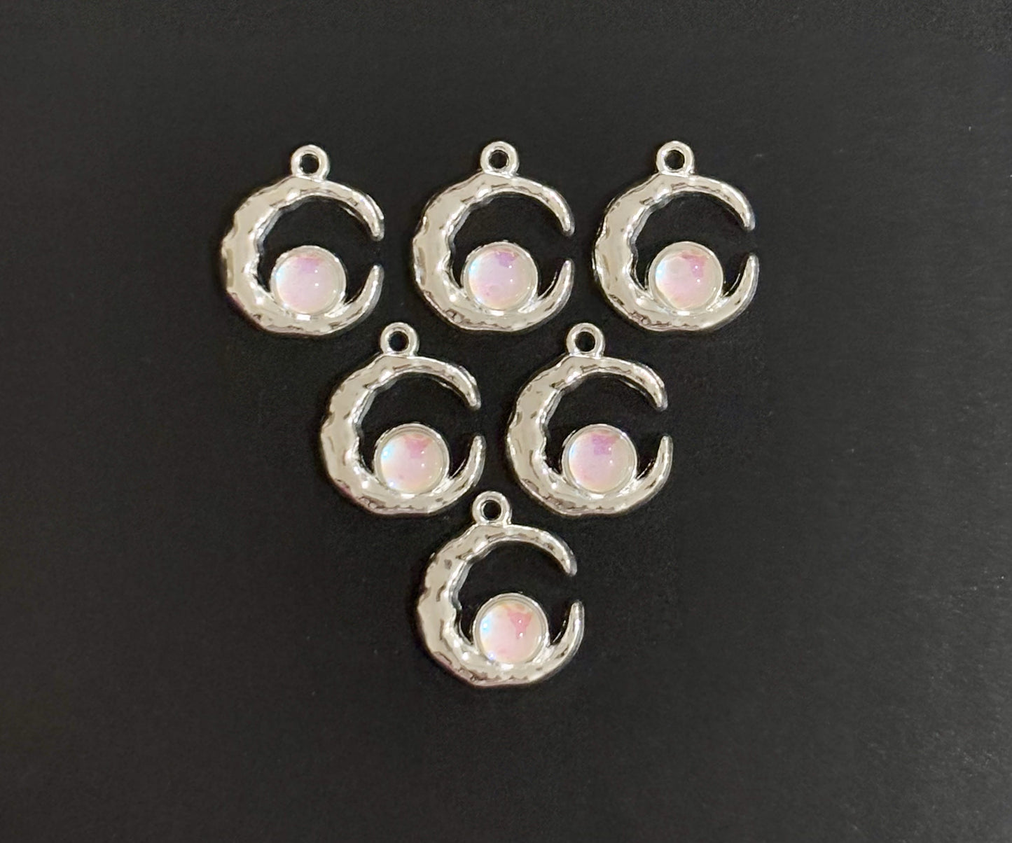 Two Pieces Dull Pink Crescent Moon Charms with Iridescent Center