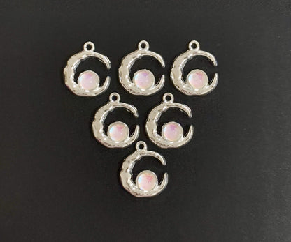 Two Pieces Dull Pink Crescent Moon Charms with Iridescent Center
