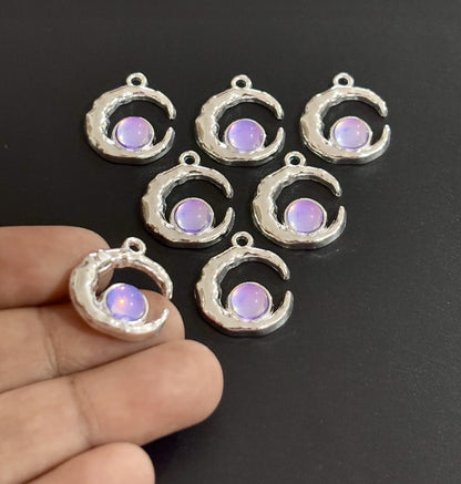 Two Pieces Lavender Crescent Moon Charms with Iridescent Center