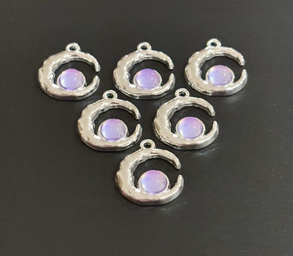 Two Pieces Lavender Crescent Moon Charms with Iridescent Center
