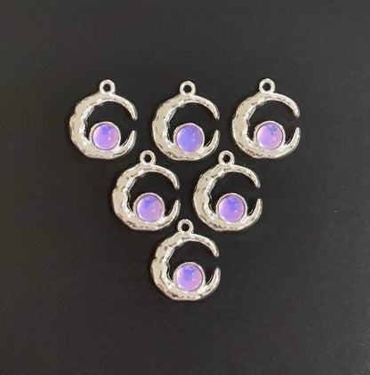 Two Pieces Lavender Crescent Moon Charms with Iridescent Center