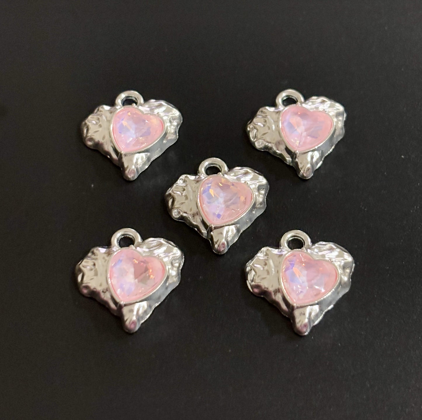 Two Pieces Pink Iridescent Heart Charms