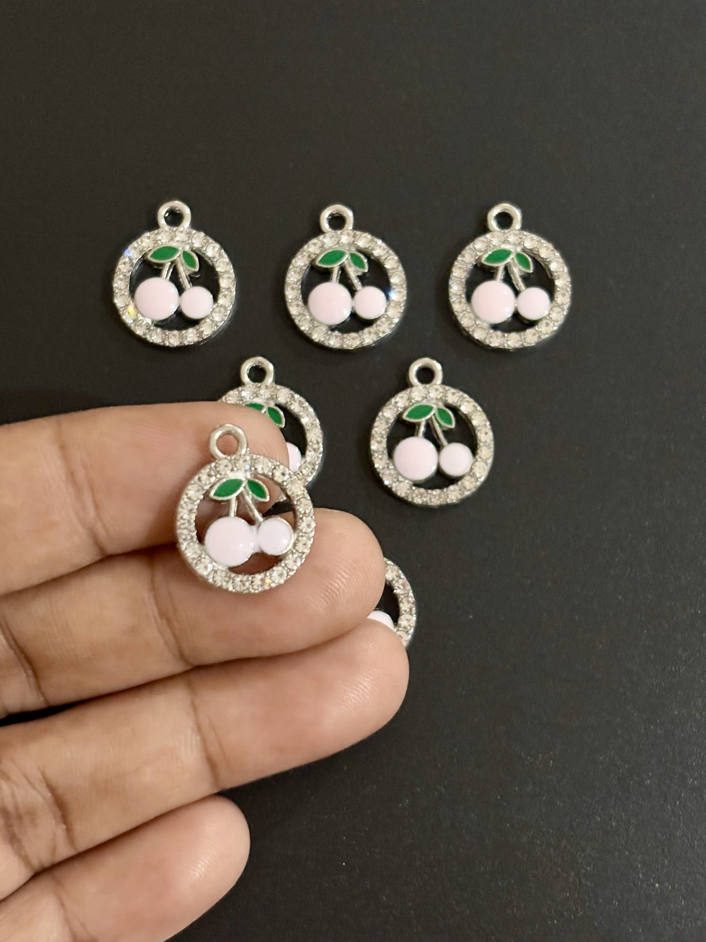 Two Pieces Pink Cherry Charms in Rhinestone Circle