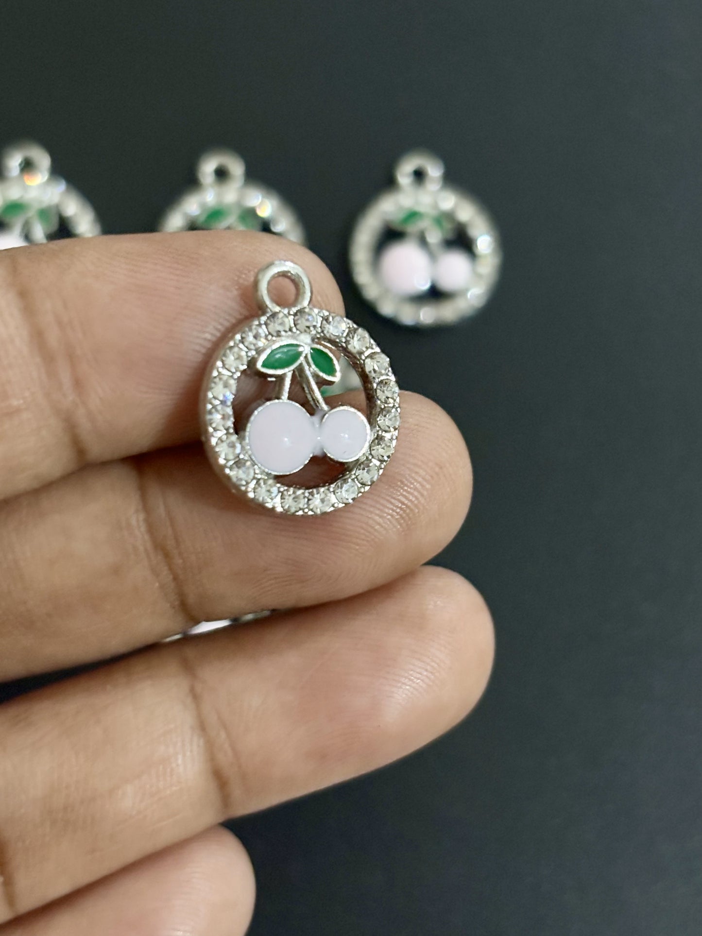 Two Pieces Pink Cherry Charms in Rhinestone Circle