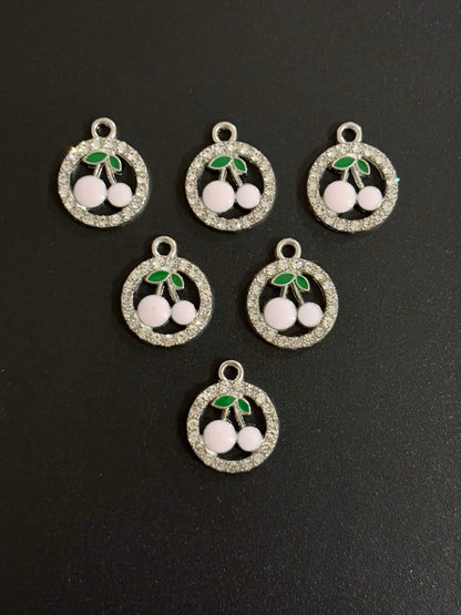 Two Pieces Pink Cherry Charms in Rhinestone Circle