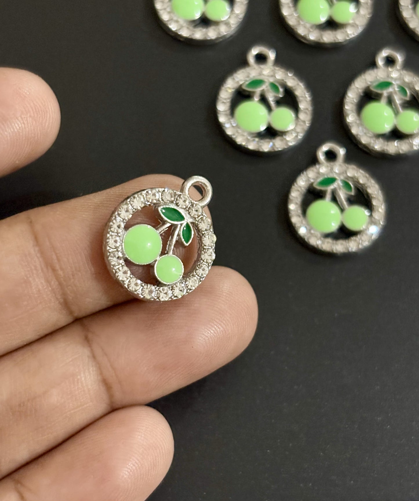 Two Pieces Green Cherry Charms in Rhinestone Circle