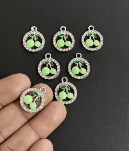 Two Pieces Green Cherry Charms in Rhinestone Circle