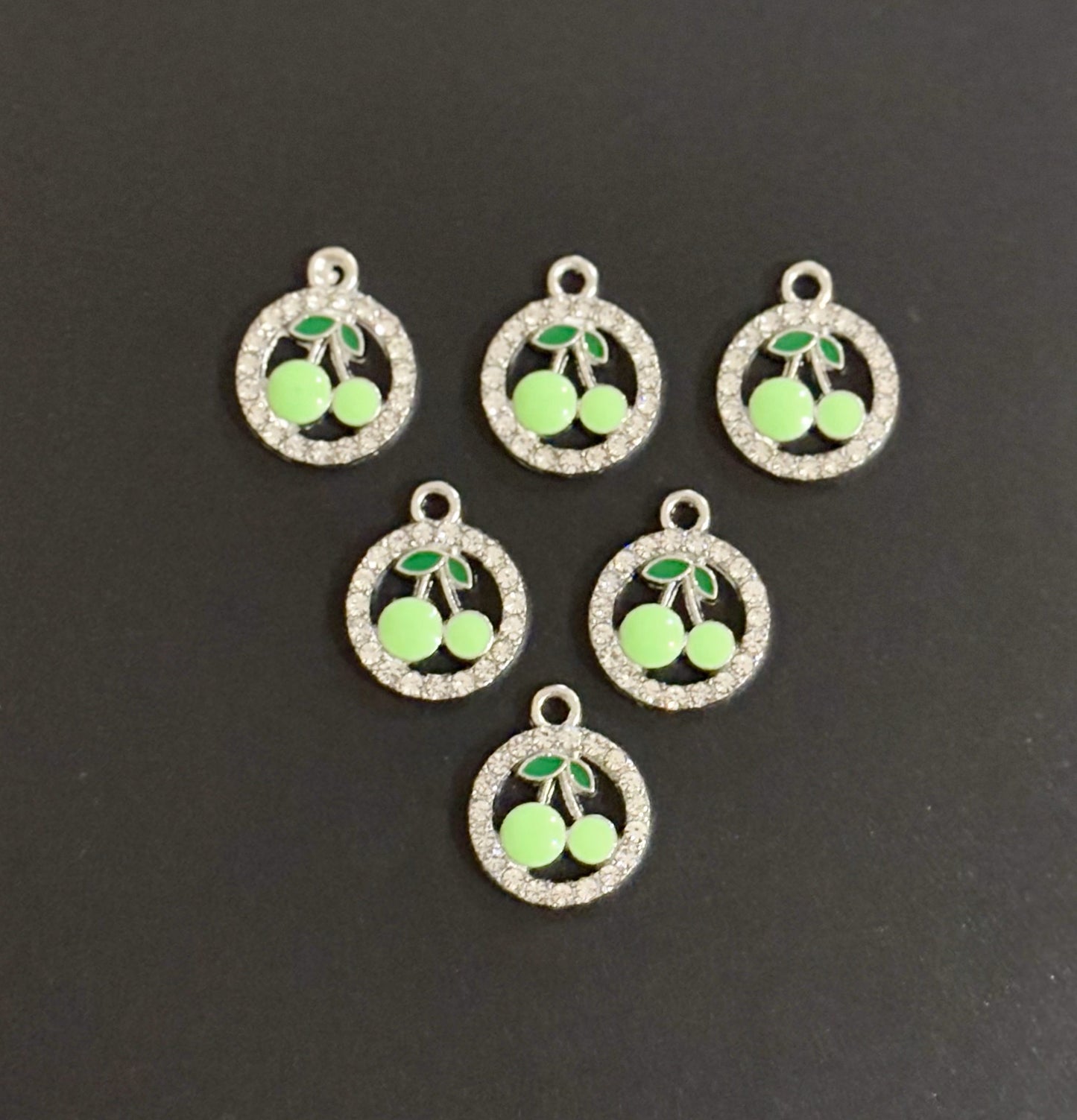 Two Pieces Green Cherry Charms in Rhinestone Circle