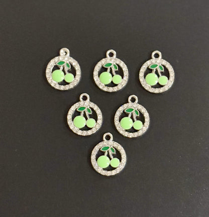Two Pieces Green Cherry Charms in Rhinestone Circle