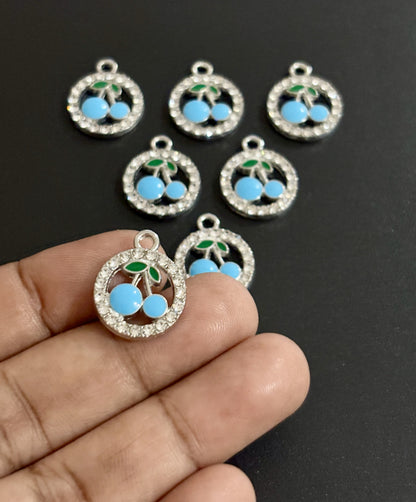 Two Pieces Blue Cherry Charms in Rhinestone Circle