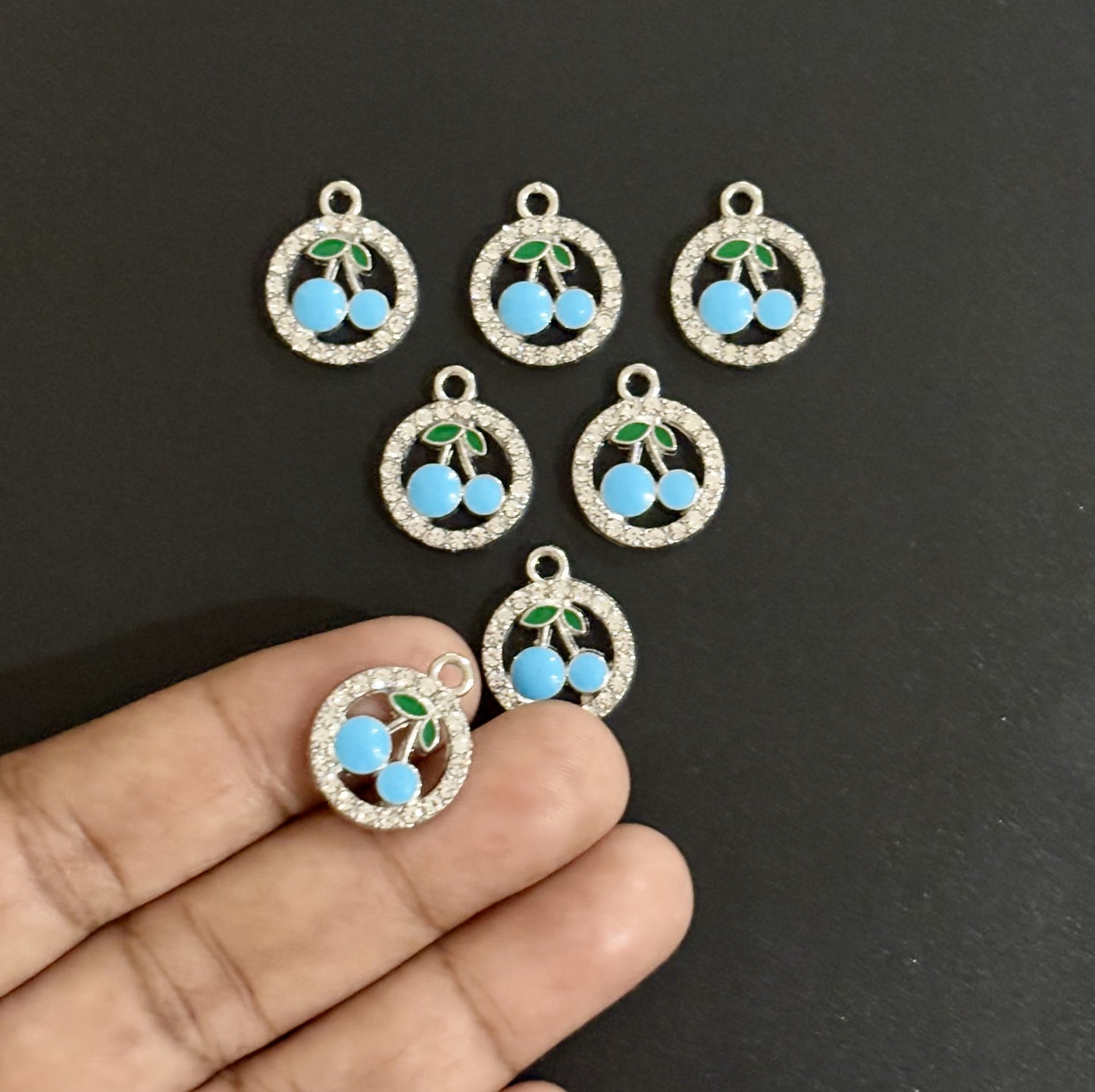 Two Pieces Blue Cherry Charms in Rhinestone Circle