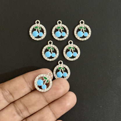 Two Pieces Blue Cherry Charms in Rhinestone Circle