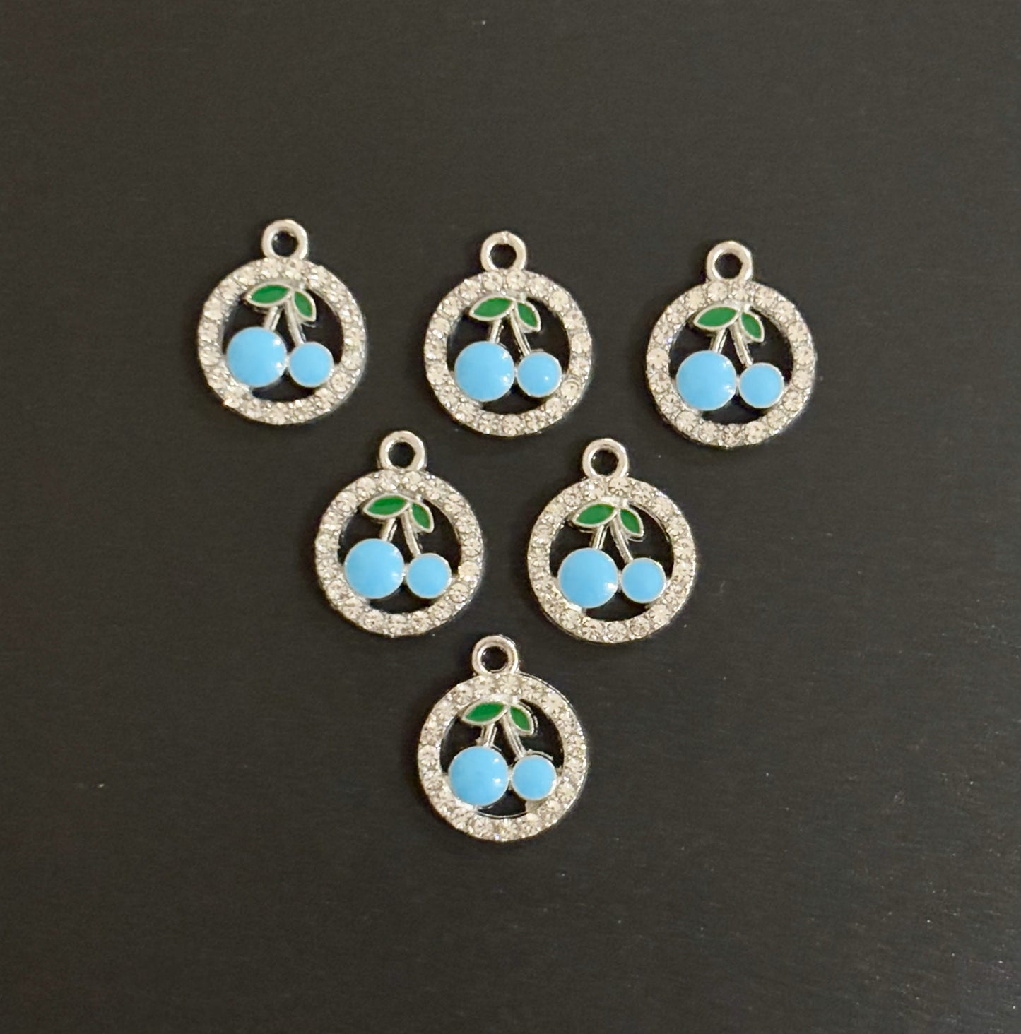 Two Pieces Blue Cherry Charms in Rhinestone Circle