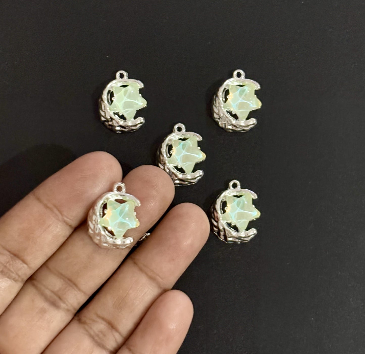 Two Pieces Pale Green Moon and Star Charms