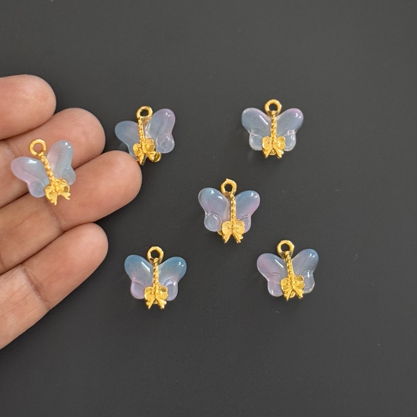 Two Pieces Iridescent Blue Butterfly Charms with Gold Trim