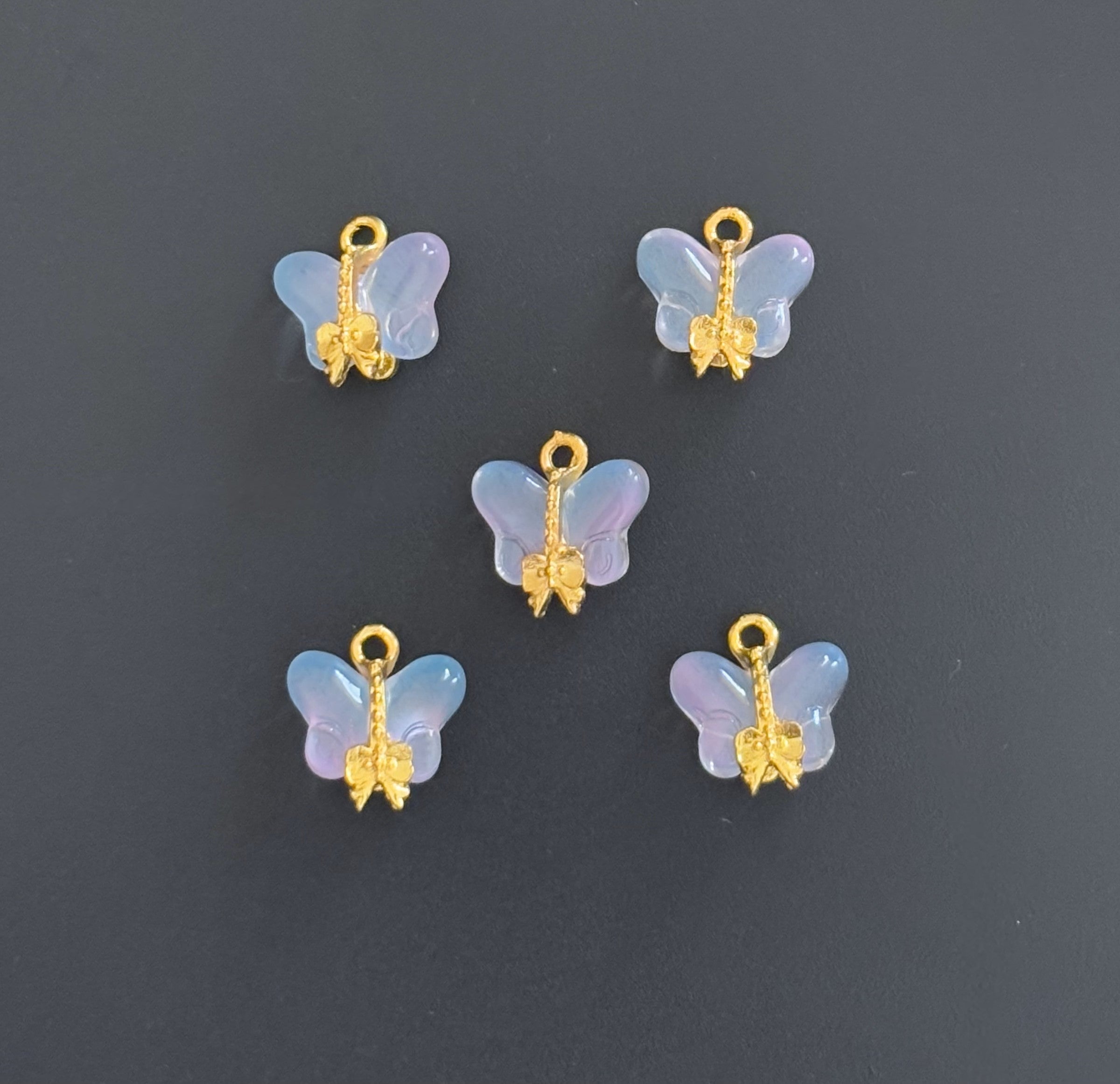 Two Pieces Iridescent Blue Butterfly Charms with Gold Trim