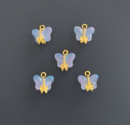 Two Pieces Iridescent Blue Butterfly Charms with Gold Trim